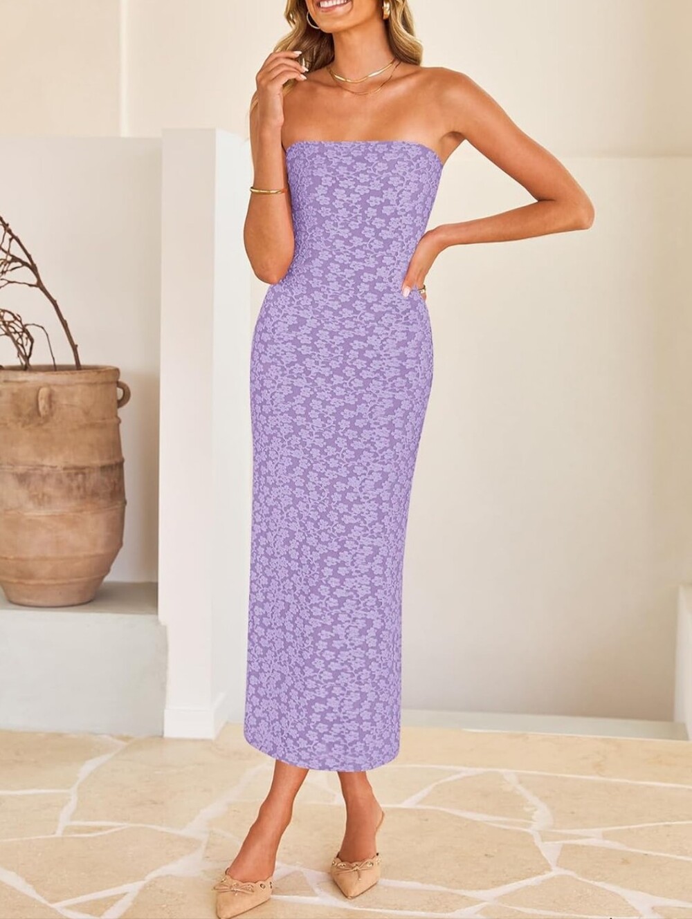 Lavender Floral Strapless Fitted Midi Dress